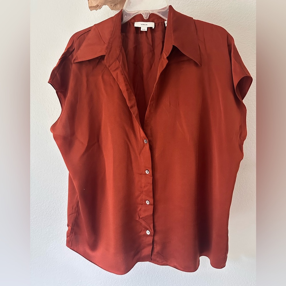 Vince Rust Button-Front Cap Sleeve Blouse